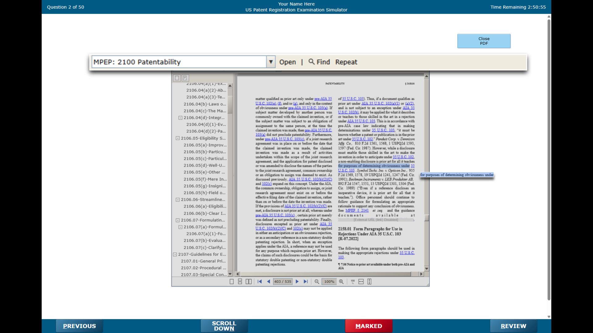 Patent Bar Fidelity PDF Viewer — Chapter 2100 Patentability with Find and Repeat workflow
